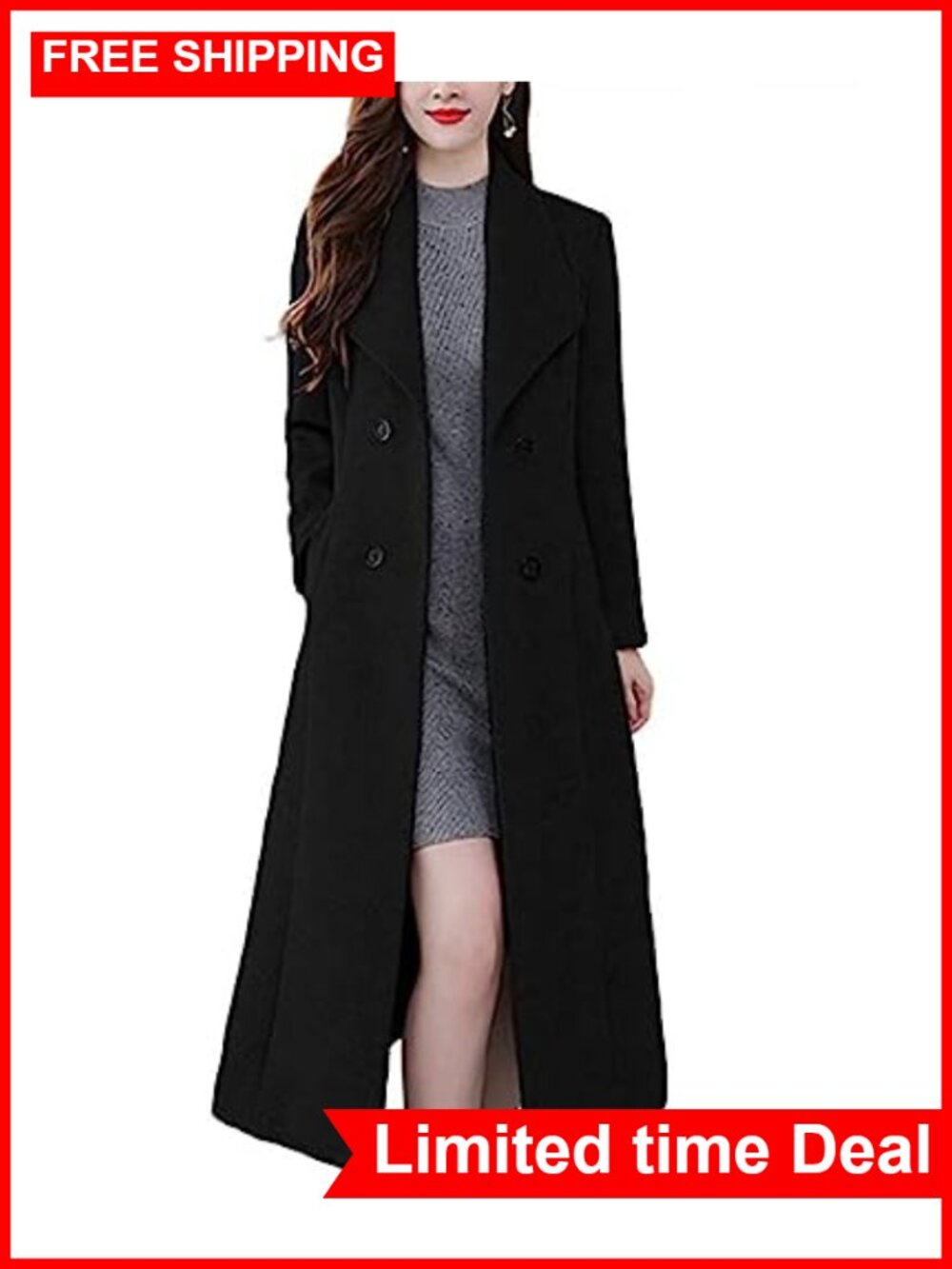 Wool Blend Maxi Pea Coat Shawl Collar Double Breasted Winter Trench
